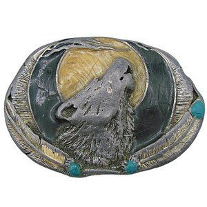 Howling Wolf Belt Buckle - Silver, Gold, and Turquoise